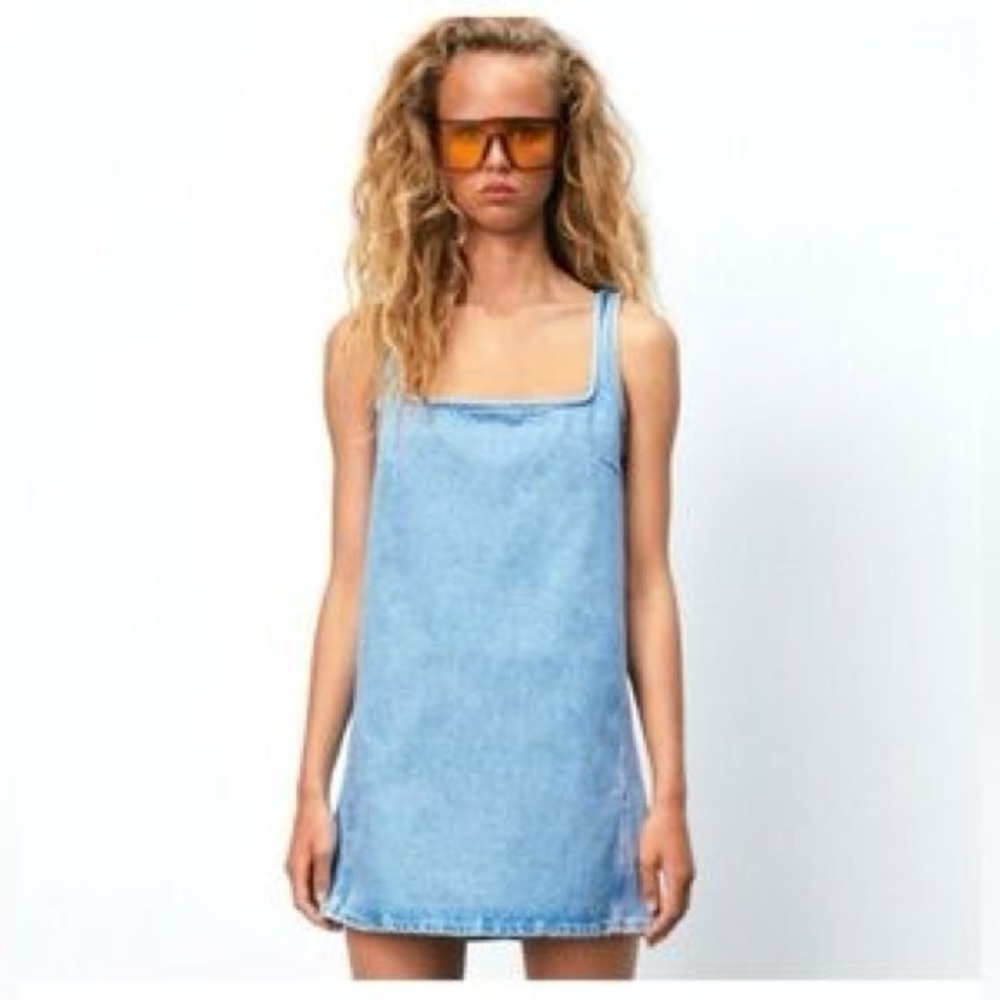 Zara Light Blue Denim Mini Dress Square Neck Y2K XS